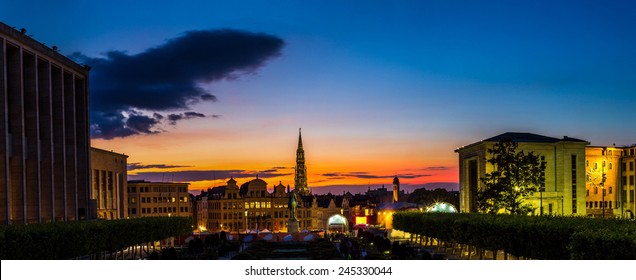 Panorama Of Brussels City Center At Summer Night