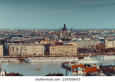 Panorama of Budapest with St Stephen (Ishtvan) Basilica from the opposite bank of Danube river