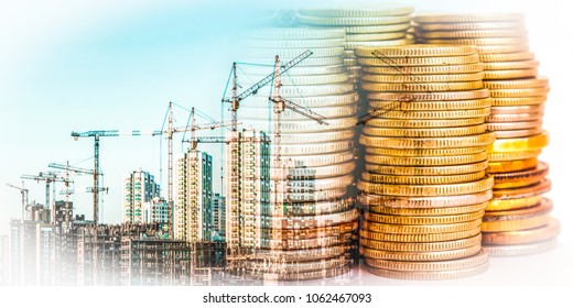 Panorama of the building in the background money . The concept of changes in housing prices - Shutterstock ID 1062467093