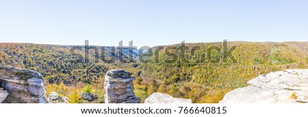 Panorama of canaan valley mountains in Blackwater falls state park in West Virginia during colorful autumn fall season with yellow foliage on trees, rock cliff at Lindy Point