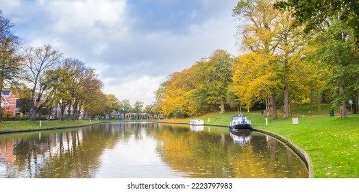 Panorama of the canal in the Prinsentuin park in Leeuwarden, Netherlands