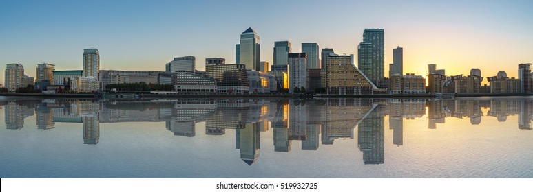 Panorama of Canary Wharf in London at sunrise
