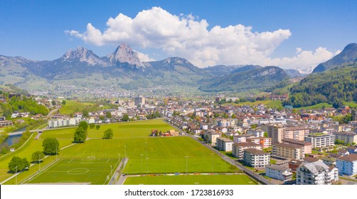 Panorama of the canton of Schwyz. Central Switzerland: Great Mythen 1898 m and Small Mythen 1811 m with the secondary summit Haggenspitz called 1761 m Hakenberge.