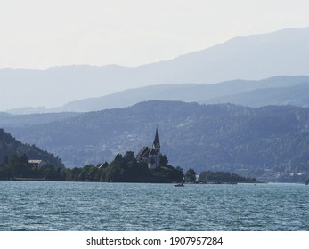 Panorama Of Catholic Pilgrimage Church Maria Woerth Rosenkranzkirche Alpine Mountain Lake Woerthersee Carinthia Austria