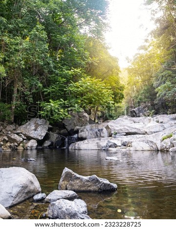 panorama of cedar creek swimming holes at sunset; a hidden stream with small pools near brisbane, queensland, australia; a river with waterfalls in the rainforest	
