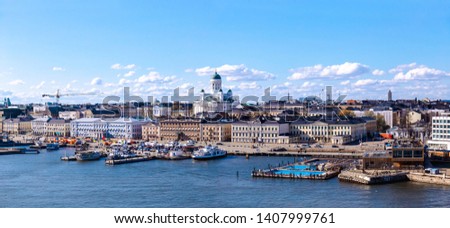Panorama of the Central embankment, Helsinki, Finland.View from the water on a Sunny day.