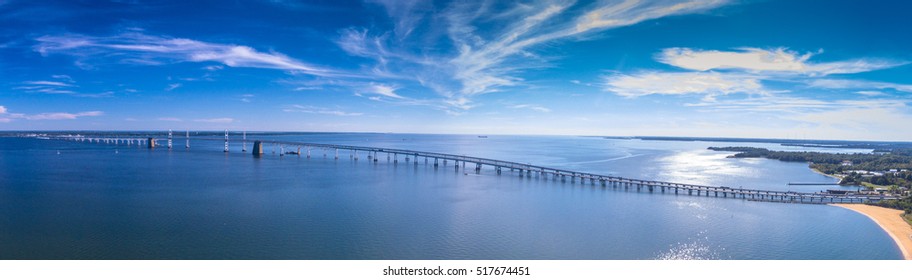 Panorama of the Chesapeake Bay Bridge near Annapolis, Maryland.