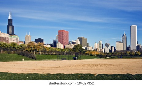 Panorama Of Chicago With Baseball Field In The Background, Fall Time.