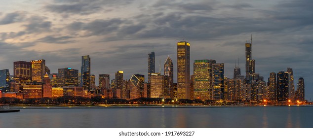 Panorama Of Chicago Cityscape River Side Along Lake Michigan At Beautiful Twilight Time, Illinois, United States, Building And Real Estate,Business Architecture And Building,travel And Tourist Concept