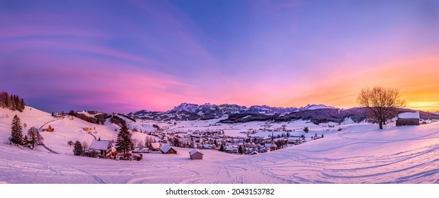 Panorama Of The Christmas Village In A Snowy Mountain Valley In Winter