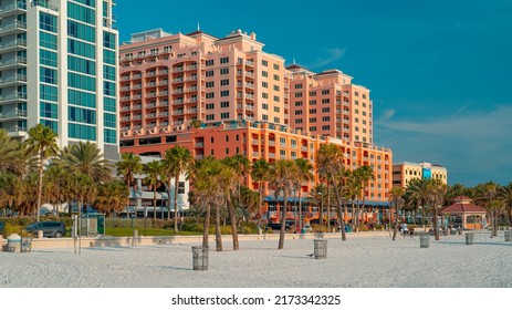 Panorama Of City Clearwater Beach FL. Clearwater Beach Florida. Summer Vacations In Florida. Beautiful View On Hotels And Resorts On Island. America USA. Gulf Of Mexico. Street Photography.