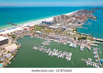 Panorama Of City Clearwater Beach FL. Clearwater Beach Florida. Summer Vacations In Florida. Beautiful View On Hotels And Resorts On Island. America USA. Gulf Of Mexico. Aerial View. Photographer. 