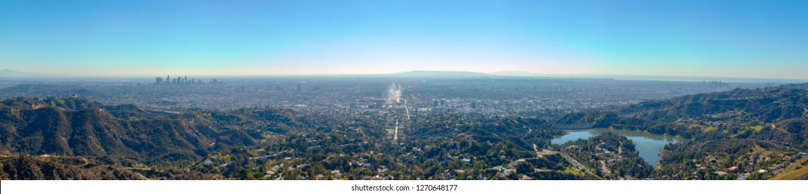 Panorama of the city of Los Angeles from the Hollywood sign, California 2018