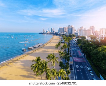 Panorama city Pattaya, sunrise on beach promenade Walking street. Aerial view landscape Thailand.