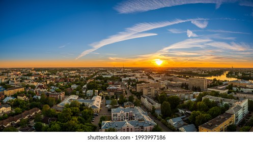 Panorama Of The City Of Tver At The Confluence Of The Volga River And The Tvertsa River In Russia About 150 Km North Of Moscow At Sunset On A Warm Spring Evening