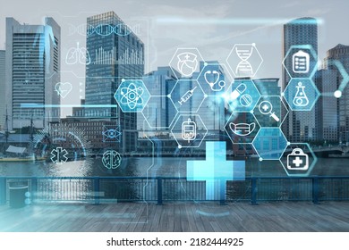 Panorama city view of Boston Harbor at day time, Massachusetts. Buildings of financial downtown. Glowing healthcare digital medicine icons. The concept of treatment from disease, Threat of pandemic - Shutterstock ID 2182444925