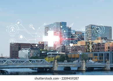 Panorama City View Of Boston Harbor At Day Time, Massachusetts. Buildings Of Financial Downtown. Glowing Healthcare Digital Medicine Icons. The Concept Of Treatment From Disease, Threat Of Pandemic