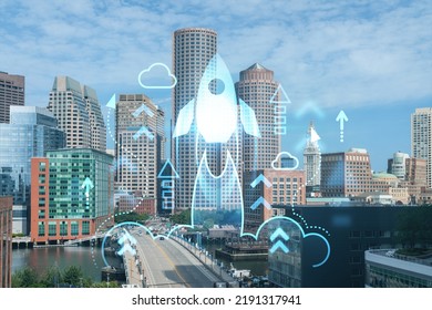 Panorama City View Of Boston Harbour At Day Time, Massachusetts. Building Exteriors Of Financial Downtown. Startup Company, Launch Project To Seek And Develop Scalable Business Model, Hologram Sketch