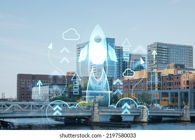 Panorama City View Of Boston Harbour At Day Time, Massachusetts. Building Exteriors Of Financial Downtown. Startup Company, Launch Project To Seek And Develop Scalable Business Model, Hologram Sketch