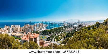 Image, Stock Photo Malaga, Spain. Panorama Cityscape Elevated View Of Malaga In Sunny Summer Evening. Altered Sunset Sky