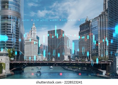 Panorama cityscape of Chicago downtown and Riverwalk, boardwalk with bridges at day time, Illinois, USA. Forex graph hologram. The concept of internet trading, brokerage and fundamental analysis - Shutterstock ID 2228523241