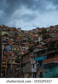 Panorama Cityscape Of Colorful Brick Houses Buildings In Comuna 13 San Javier Neighborhood Poverty Slum Hills Slopes In Medellin Colombia South America