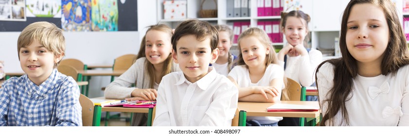 Panorama Classroom Primary School Rows Smiling Stock Photo Edit