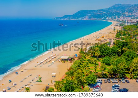 
panorama of cleopatra beach in Alanya with blue sea and clean sand
