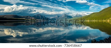 Panorama with Clouds reflected in Lake McDonald in Glacier National Park, Montana, USA
