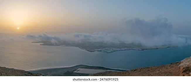 Panorama of coastal Sunrise Over Misty Harbor - Powered by Shutterstock