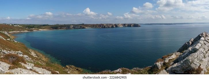 Panorama of the coastline seen from Pointe de Pen-Hir on a sunny summer day, Camaret-sur-Mer, Parc naturel regional Armorique, Brittany, France - Shutterstock ID 2226842905