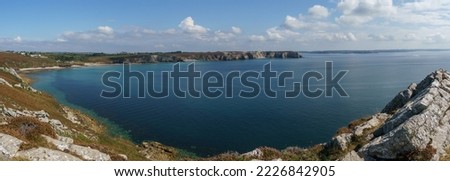 Panorama of the coastline seen from Pointe de Pen-Hir on a sunny summer day, Camaret-sur-Mer, Parc naturel regional Armorique, Brittany, France