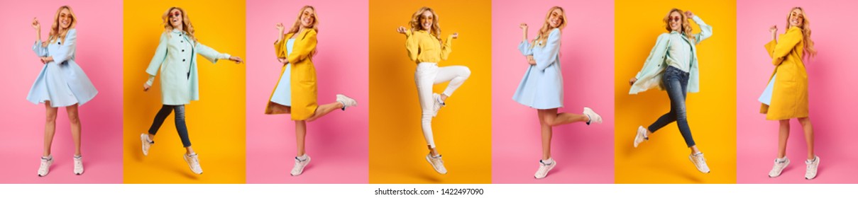 Panorama Collage. Casual Woman Jumping And Having Fun Against Colorful Backgrounds