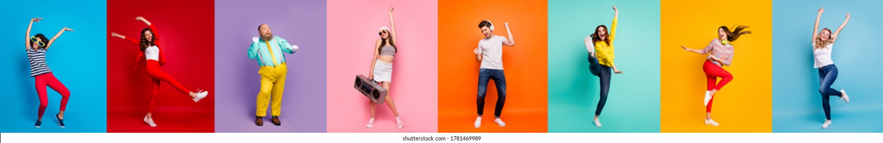 Panorama collage eight cool funny attractive active modern people six ladies two guys men good mood dance discotheque party isolated many colors blue violet teal orange yellow pink red background - Shutterstock ID 1781469989