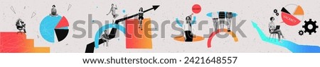Panorama collage old business man boss sit chair when people managers analyzing graphics and searching vacancy isolated on gray background