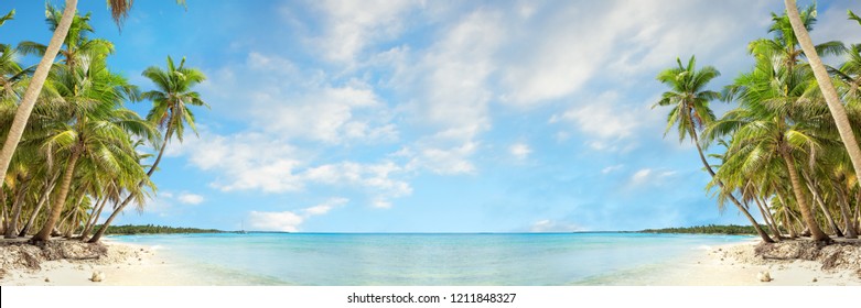Panorama collage of Secluded beach on Saona Island, La Romana, Dominican Republic