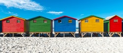 Panorama Of The Colorful Muizenberg Beach Huts, Cape Town, South Africa.