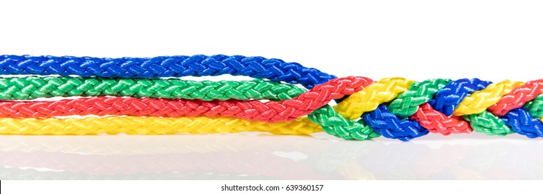 Panorama, colorful ropes are connected, concept cooperation and cohesion