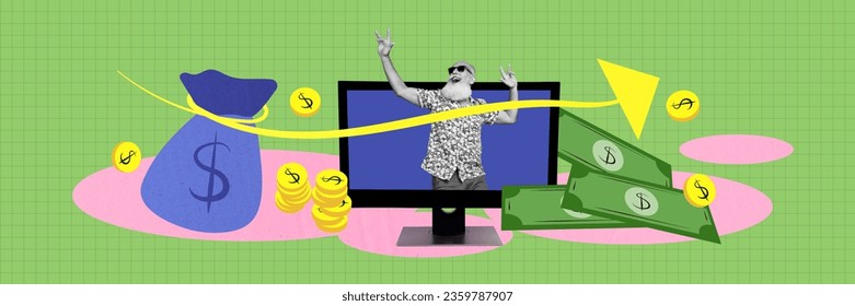 Panorama composite creative abstract photo collage of satisfied ecstatic elderly man win online casino isolated checkered green background - Powered by Shutterstock