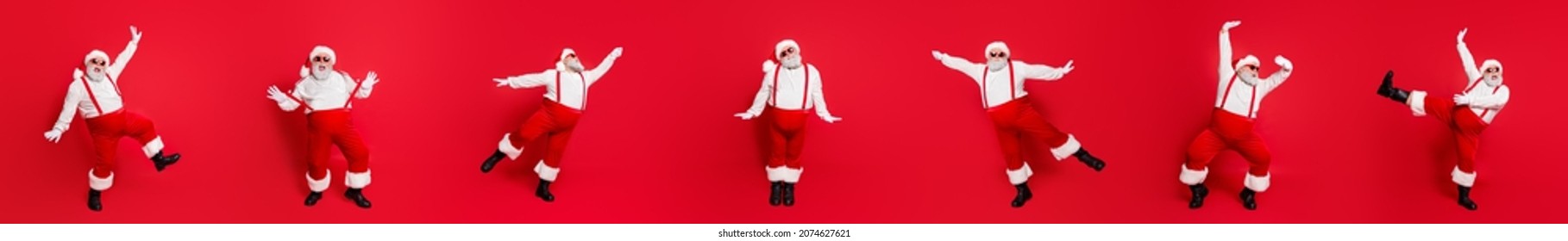Panorama composition photo of active father christmas dance loud music night club 2022 coming isolated over shine red color background