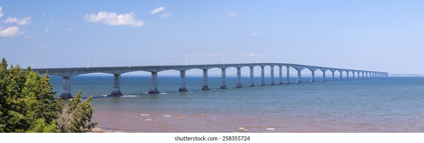 Panorama of Confederation Bridge to Prince Edward Island, view from New Brunswick coast in Canada.