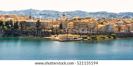 Panorama of Corfu island. View of the old town facades from water side