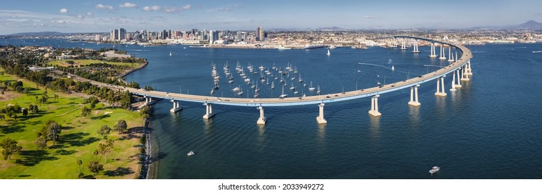 Panorama of Coronado Bridge with San Diego skyline.