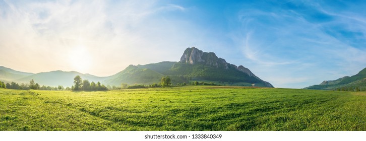 Panorama Of Countryside At Sunrise. Beautiful Scenery With Trees In Morning Haze On A Grassy Field. Huge Rocky Cliff Above The Forested Hill In The Distance. Discover Romania