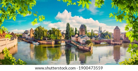 Panorama of Covered Bridges and river Ill in Strasbourg