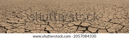 Panorama of cracked brown soil, barren wasteland surface natural background with deep focus