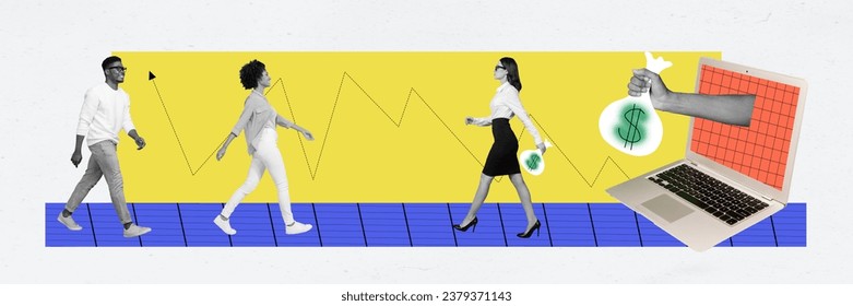 Panorama creative composite abstract photo collage of happy satisfied people came to receive salary for work isolated drawing background