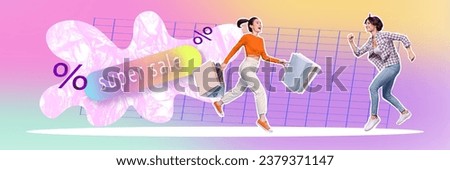Panorama creative composite photo collage of excited people run shopping at super sale on black friday isolated drawing background