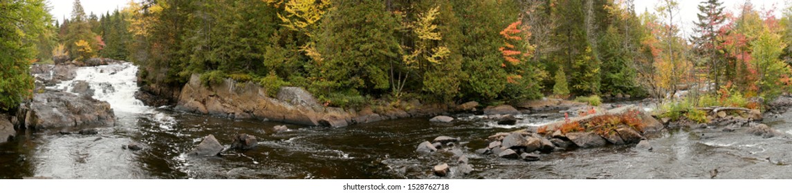 Panorama of the Croches waterfall in Mont Tremblant National Park. Indian Summer. Quebec. Canada                  
