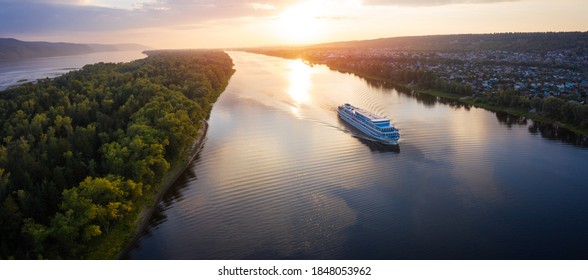Panorama of the cruise ship moving on the river of Volga towards Samara city in Russia - Shutterstock ID 1848053962